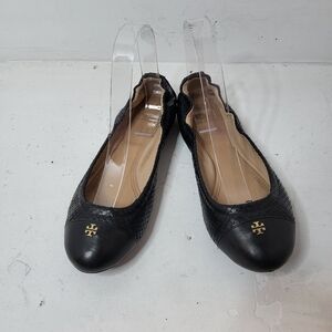 Tory Burch Black New York Snake Print Cap Toe Logo Ballet Flats Size 6.5